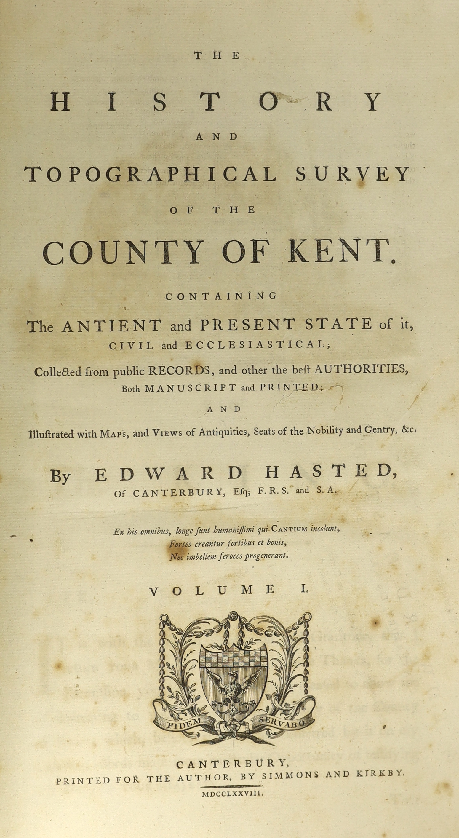 Hasted, Edward - A History and Topographical Survey of the County of Kent...first edition. vols. 1-3 only (of 4). a few text illus., but all the engraved maps and plates have been removed; contemp. tree calf with panelle